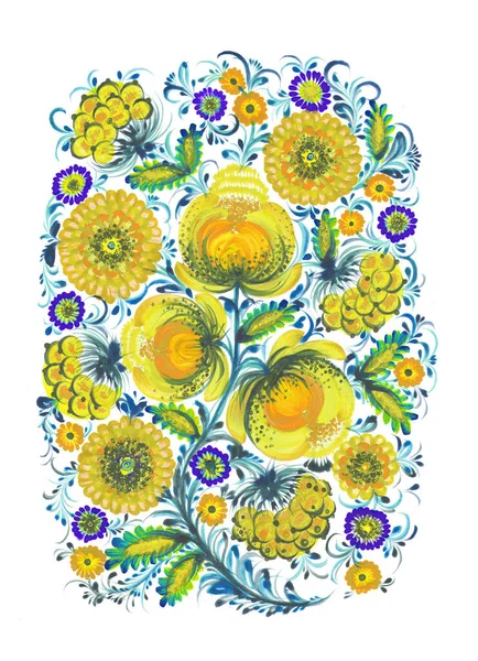 Aquarel Illustratie Met Mooie Bloemen Patroon Abstracte Elementen Petrykivka — Stockfoto