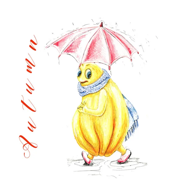 İçinde şemsiyeli balkabağı resmi olan suluboya sonbahar kartı..