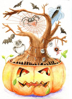 Suluboya Cadılar Bayramı kartı - kabaktan büyüyen korku ağacı.