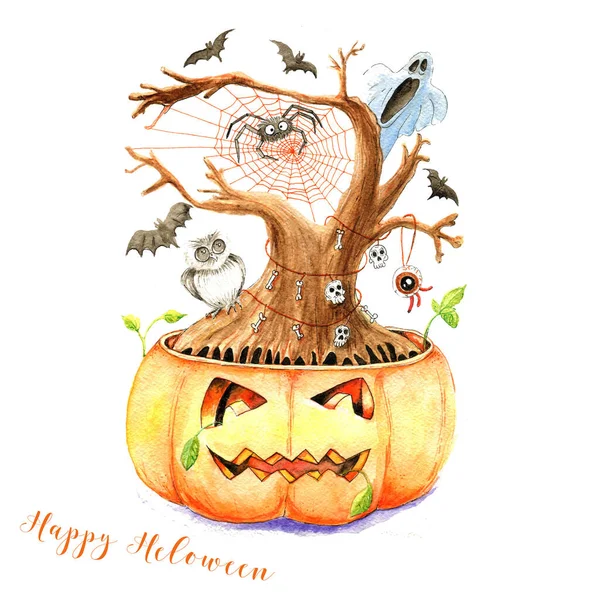 Suluboya Cadılar Bayramı kartı - kabaktan büyüyen korku ağacı.