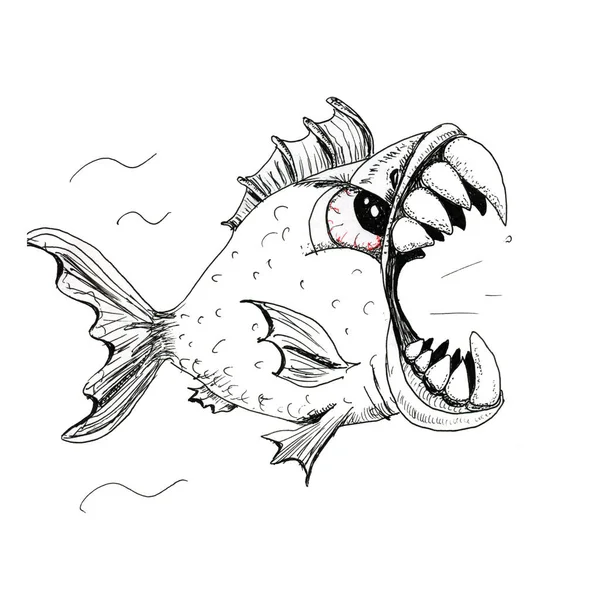 Grafische tekening van een tand piranha vis met een brede open mond. — Stockfoto