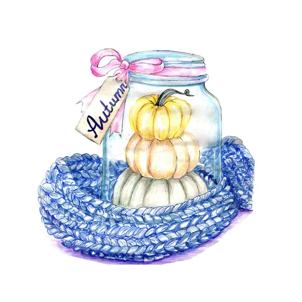 Kavanozda sonbahar balkabakları olan el yapımı suluboya kartı..