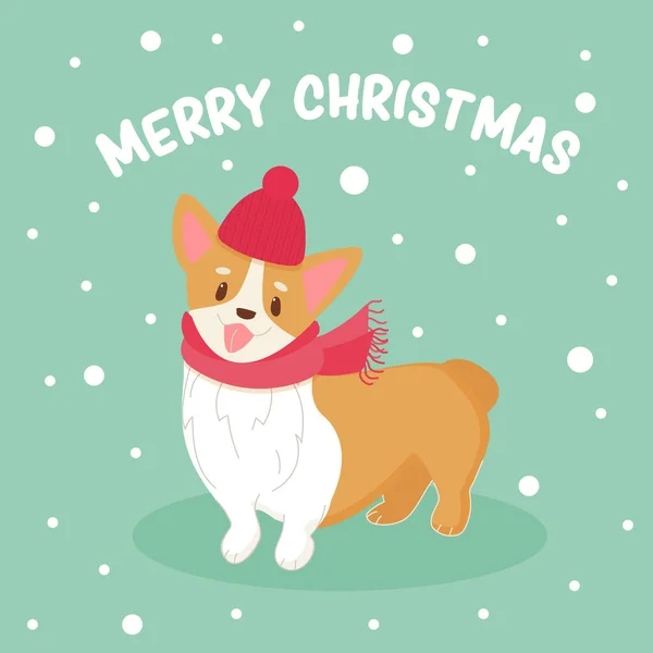 Cute corgi pies z Santa kapelusz i szalik Wektor ilustracji. Zimowa kartka z życzeniami od zabawnego zwierzęcia. Noworoczny plakat świąteczny. — Wektor stockowy