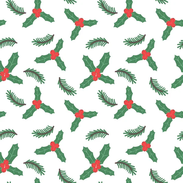 ホリーの枝やベリーのクリスマスシームレスなパターン 新年のお祝いの背景 クリスマス休暇ベクトルのイラスト — ストックベクタ