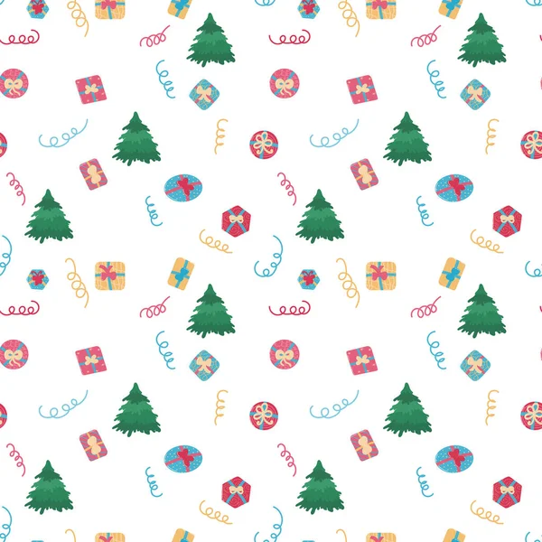 Weihnachten Nahtlose Muster Mit Baum Und Geschenkschachteln Winterliches Festplakat Hintergrund — Stockvektor