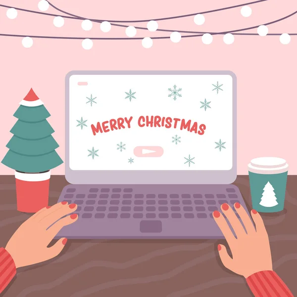 Weihnachtsgruß Auf Dem Laptop Monitor Feriendekoration Ringsum Festplakat Zum Neuen — Stockvektor