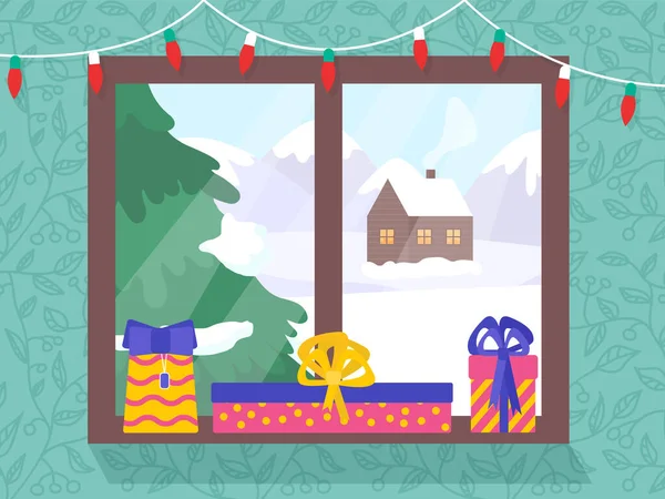 Noel ışıkları ve hediyelerle dolu kış manzarası. Yeni yıl kutlama kartpostalı