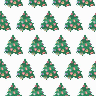 Noel ağacı desensiz. Köknar ağaçlarıyla dolu Xmas şenlikli arka plan. Yeni yıl düz vektör illüstrasyonu