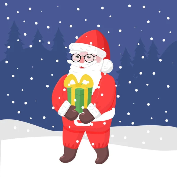 Noel Baba bir hediye kutusu tutuyor. Renkli düz stil Noel vektör illüstrasyonu