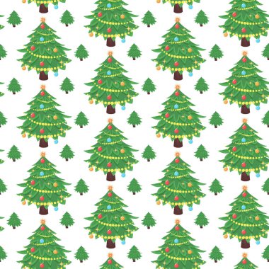 Noel ağacı desensiz. Köknar ağaçlarıyla dolu Xmas şenlikli arka plan. Yeni yıl düz vektör illüstrasyonu