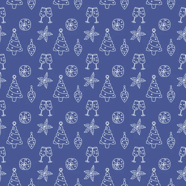 クリスマスと幸せな新年のシームレスなパターンと木 泡と贈り物 青いベクトル図に分離 無限の休日の背景 — ストックベクタ