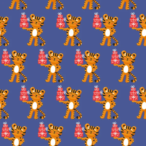 Yeteneksiz desenli bir kaplan. Havalı bebek tekrarlanabilir baskısı. Mavi arkaplanda Noel vektör illüstrasyonu