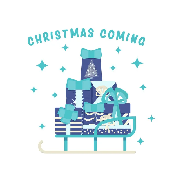 Illustrazione Vettoriale Natale Con Slitta Piena Scatole Regalo Consegna Scatole — Vettoriale Stock