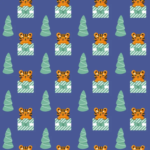 Hediye kutusundaki kaplan kusursuz desenli. Havalı bebek tekrarlanabilir baskısı. Mavi arkaplanda Noel vektör illüstrasyonu