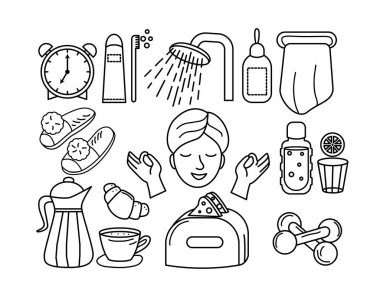 Sabah rutinini yapan genç bir kadın. Kadın kişisel bakım konsepti. Bir el çizimi biçiminde vektör illüstrasyonu