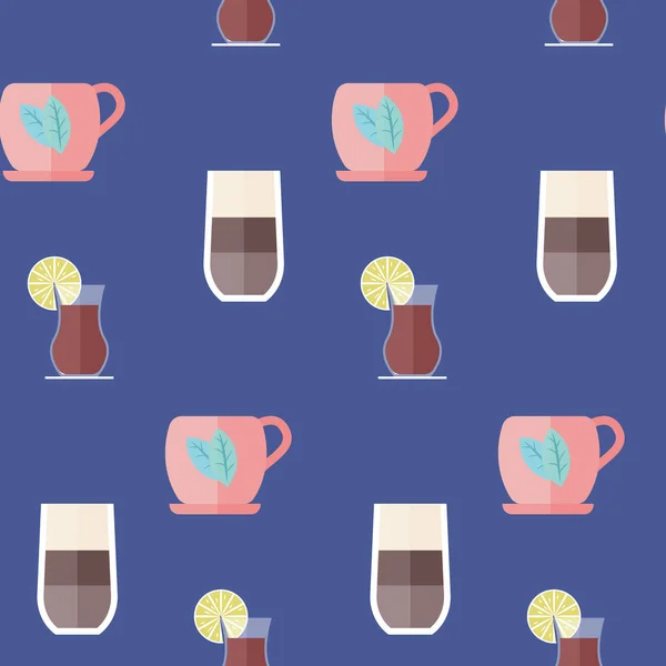 熱い飲み物シームレスパターン 青の背景ベクトル図に分離 — ストックベクタ