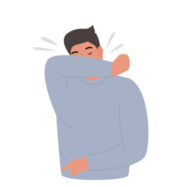 Dirseğinde genç bir erkek öksürüyor. Doğru hapşırma vektör çizimi. Virüs kavramını durdur
