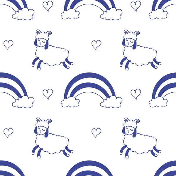 Koyunlar, gökkuşağı, elle çizilmiş kusursuz desen. Hayvanlarla, gökyüzüyle izole edilmiş vektör çizimi. Dekoratif şirin duvar kâğıdı, yazdırmak için iyi.