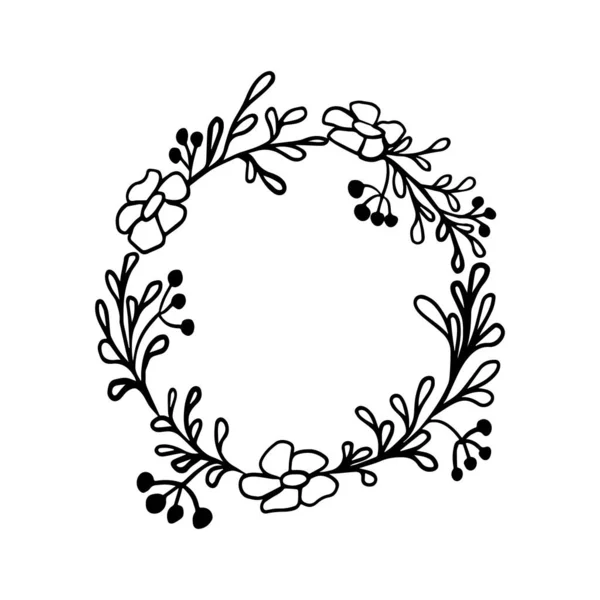 Bonito estilo linear grinalda floral. Isolado na ilustração do vetor branco. Quadro desenhado à mão com flores, folhas e bagas. — Vetor de Stock
