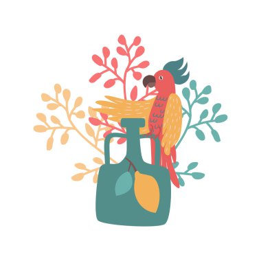 Vazo ve vektör illüstrasyonlu şirin papağan. Soyut boho tarzı poster