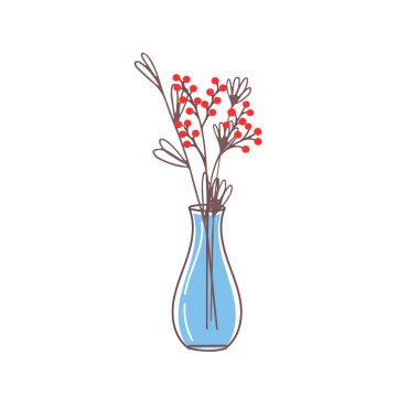 Güzel dalları ve böğürtlenleri olan şirin bir vazo. El çizimi düz vektör çizimi. Beyaz arka planda dalları olan buket.