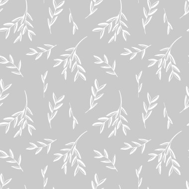 Dalları olan dikişsiz bitki deseni. Beyaz arkaplan vektör illüstrasyonunda izole edilmiş. Bitmek bilmeyen çiçek arkaplanı