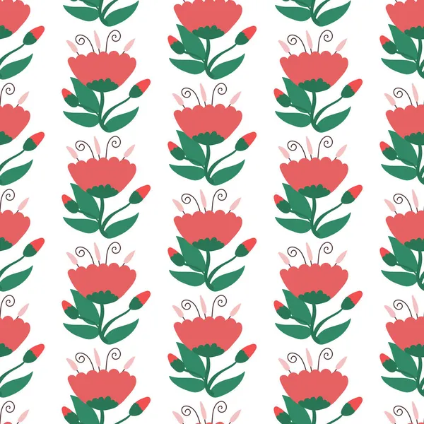 Hand Drawn Red Flower Seamless Pattern Vector Illustration Endless Plant — Stock Vector