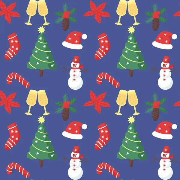 Noel Baba şapkası, şampanya bardakları. Tatil tasarımı için sonsuz bir geçmiş. Yeni yıl tekrarlanabilir yazdırma