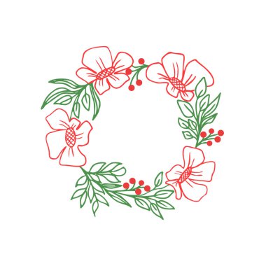 Çiçek çelengi tarzı. Beyaz vektör illüstrasyonunda izole edilmiş. Çiçekler, yapraklar ve böğürtlenlerle el çizimi