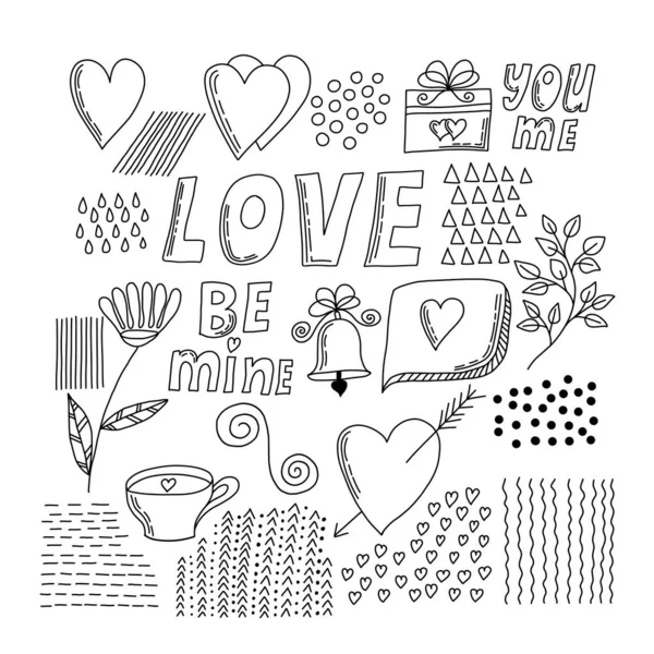 Hand drawn doodles style set of Love and Valentines Day. Elements for holiday greeting cards design. — Stock Vector