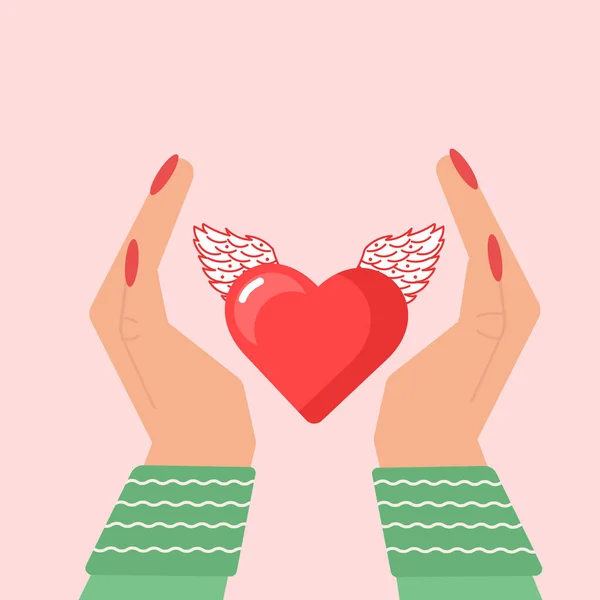 Kanatlı şirin bir kalbi tutan eller. Sevgililer Günü tebrik kartı. Düz vektör illüstrasyon kavramı. — Stok Vektör