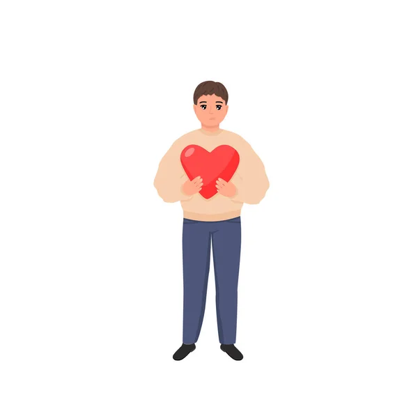 Man holding valentine heart. Fall in love concept for valentines day. Flat vector illustration isolated on white. — Stock Vector