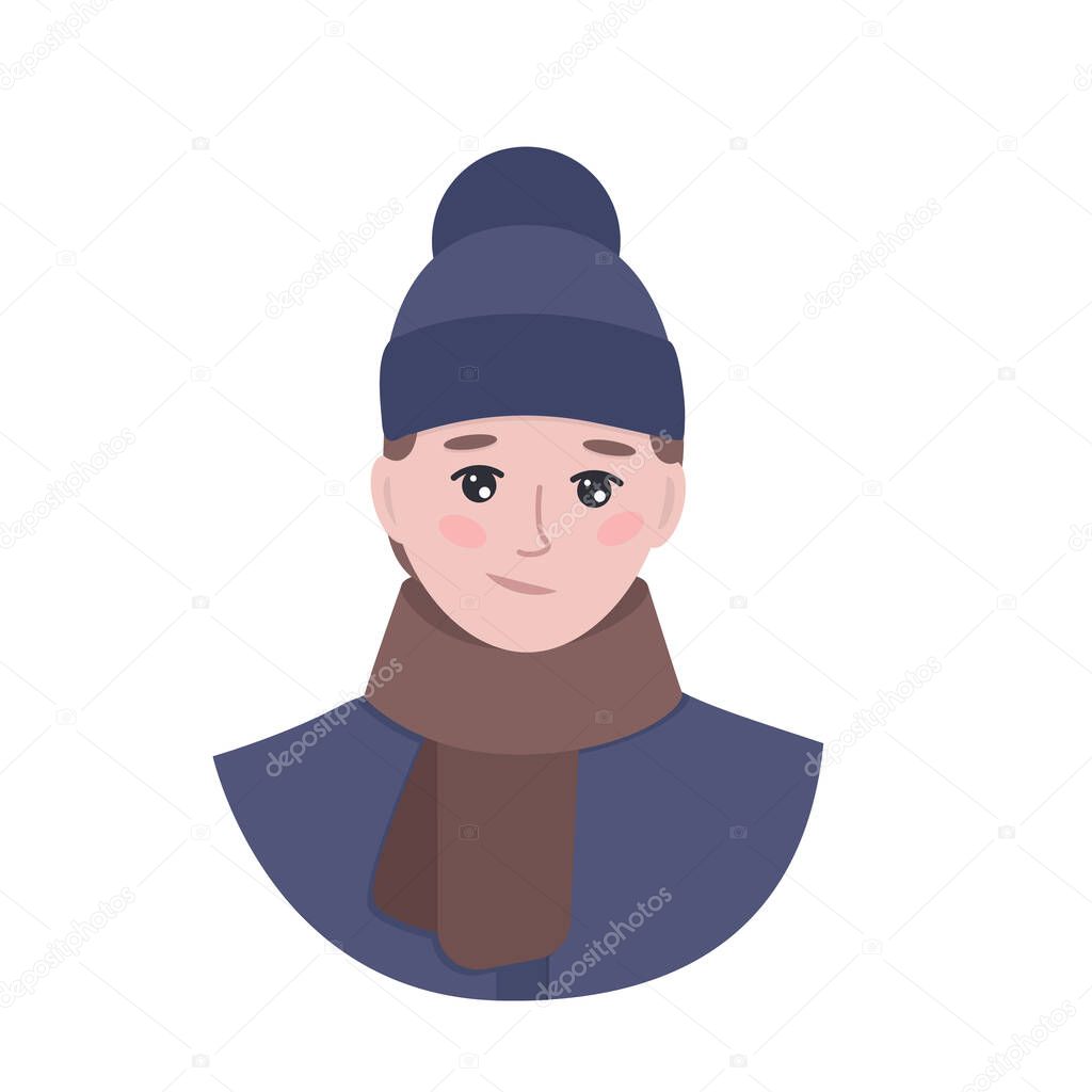 Young man portrait. Male in winter clothing: at, coat and scarf. Isolated vector illustration