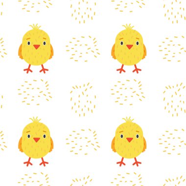 Şirin sarı hatunlarla kusursuz desenler. Yavru tavuk kuşlarının yenilebilir baskısı. Vektör illüstrasyonu.