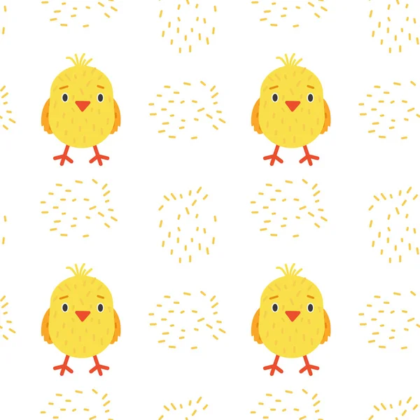 Patrón sin costuras con lindos polluelos amarillos. Impresión retornable de pajaritos bebé. Ilustración vectorial. — Vector de stock