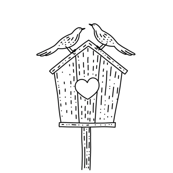 Casa de pájaros de madera en un palo con dos pájaros. Ilustración vectorial en estilo Doodle. Valentibe y el concepto de boda ilustración vectorial aislada sobre un fondo blanco. — Archivo Imágenes Vectoriales