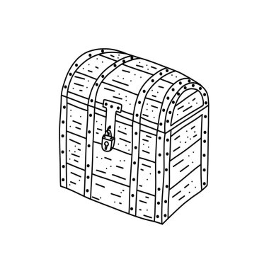 Korsan sandığı, tahtadan yapılmış tırtıllar için. Doodle tarzında elle çizilmiş bir resim. Vektör illüstrasyonu.
