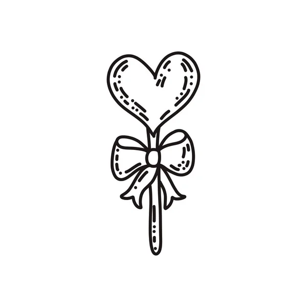Piruleta en forma de corazón con lindo lazo aislado sobre fondo blanco. Ilustración vectorial dibujada a mano en estilo garabato. — Archivo Imágenes Vectoriales