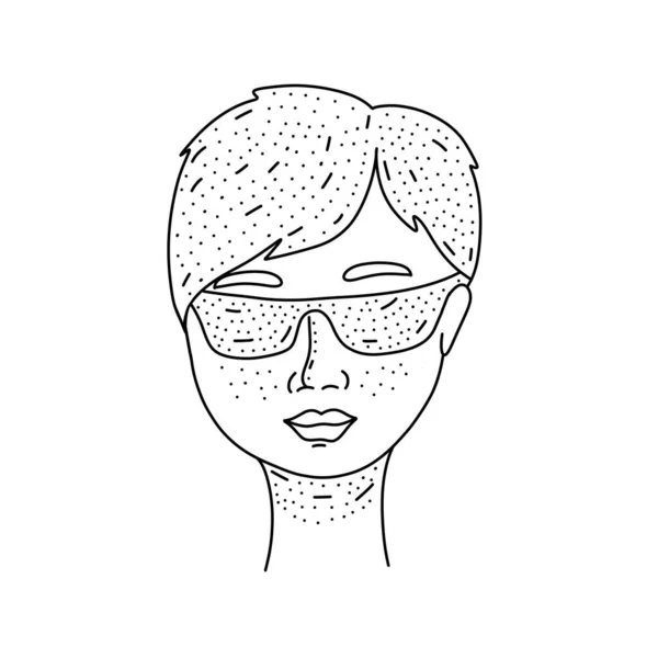 Doodle hand-drawn woman face isolated on white background. Human cute festive Avatar. Girl portraitwith sunglasses. Vector birthday illustration. — Stock Vector