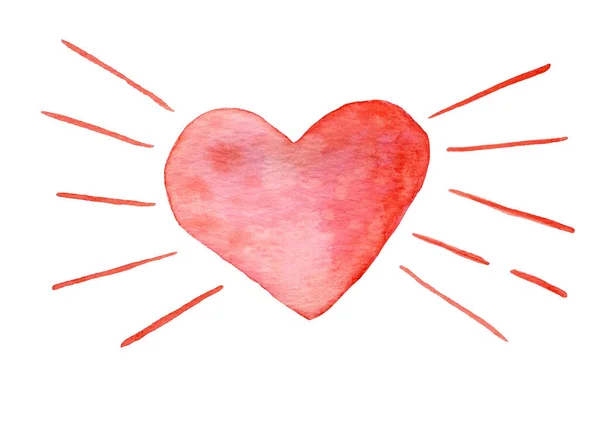 Akvarel zářící srdce ilustrace s paprsky. Design svatebních nebo valentýnských karet. — Stock fotografie
