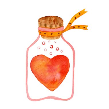 İçinde kalp olan suluboya cam şişe. Sevgililer Günü ya da düğün tasarımı elementi.