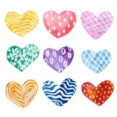 Watercolor set of textured hearts illustration. Wedding or valentine hearts design.