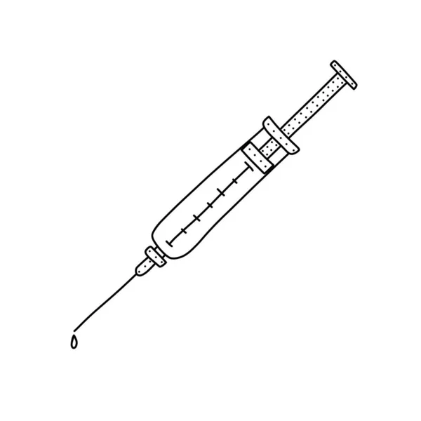 Handgezeichnete Vektor-Illustration einer Spritze mit Tropfen im Doodle-Stil. Nette Illustration einer Musikanlage auf weißem Hintergrund. — Stockvektor