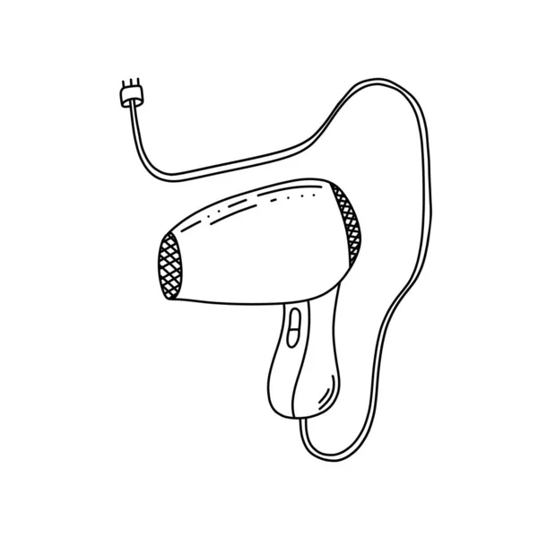 Ilustração vetorial desenhada à mão do ícone do secador de cabelo no estilo doodle. Ilustração bonito de secador de cabelo no fundo branco. — Vetor de Stock