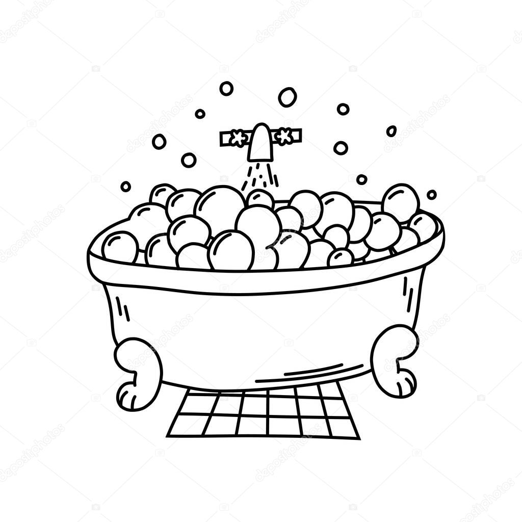 Hand drawn vector illustration of bathtub icon in doodle style. Cute illustration of bath element on white background.