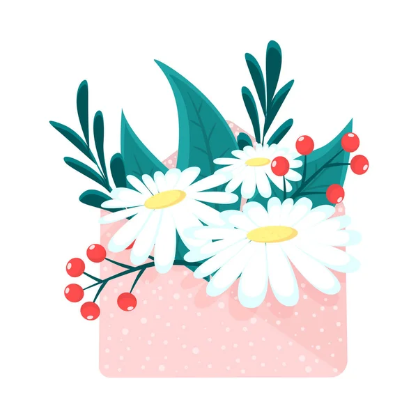 Kutlama zarfının içinde güzel çiçekler var. Bahar çiçeği buketi. Düz biçimli mutlu harf kavramı.