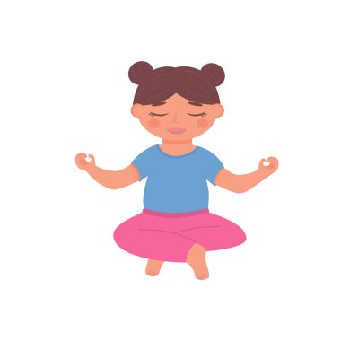 Lotus pozunda meditasyon yapan tatlı bir kız çocuğu. Yoga çocuk konsepti. Vektör illüstrasyonu beyaz arkaplanda izole edildi