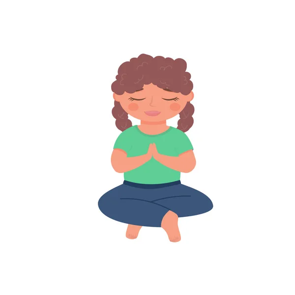 Menina bonito criança com cabelos cacheados meditando em pose de lótus. Conceito de criança Yoga. Ilustração vetorial isolada sobre fundo branco. — Vetor de Stock