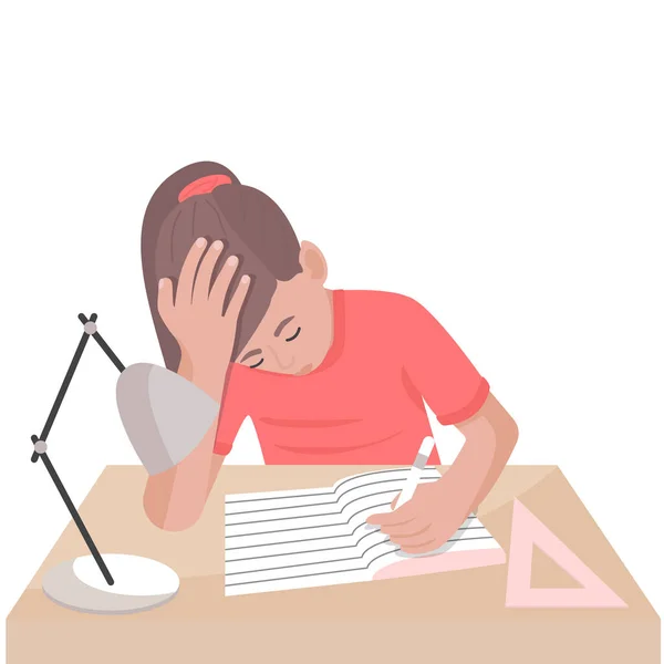 Kafkasyalı yorgun kız evde ders çalışıyor. Masada oturup yazmayı düşünen bir çocuk. Okula geri dön..