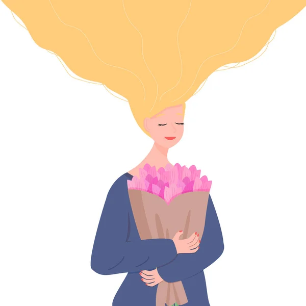 Wanita bahagia memegang karangan bunga tulip yang indah dan bermimpi tentang musim semi. Halo konsep musim semi. Gambar tangan gambar gambar gambar gambar gambar vektor ucapan manis terisolasi pada warna putih. - Stok Vektor